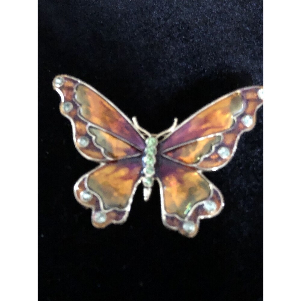 Vtg Monet Monarch Butterfly Brooch Poured Glass Enamel Rhinestone Figural 2.25”